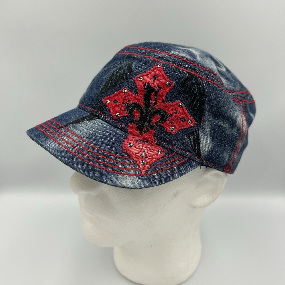Cremieux Fleur-de-lis Cross Cadet Hat Red &‎ Blue Rhinestone Studded S/M